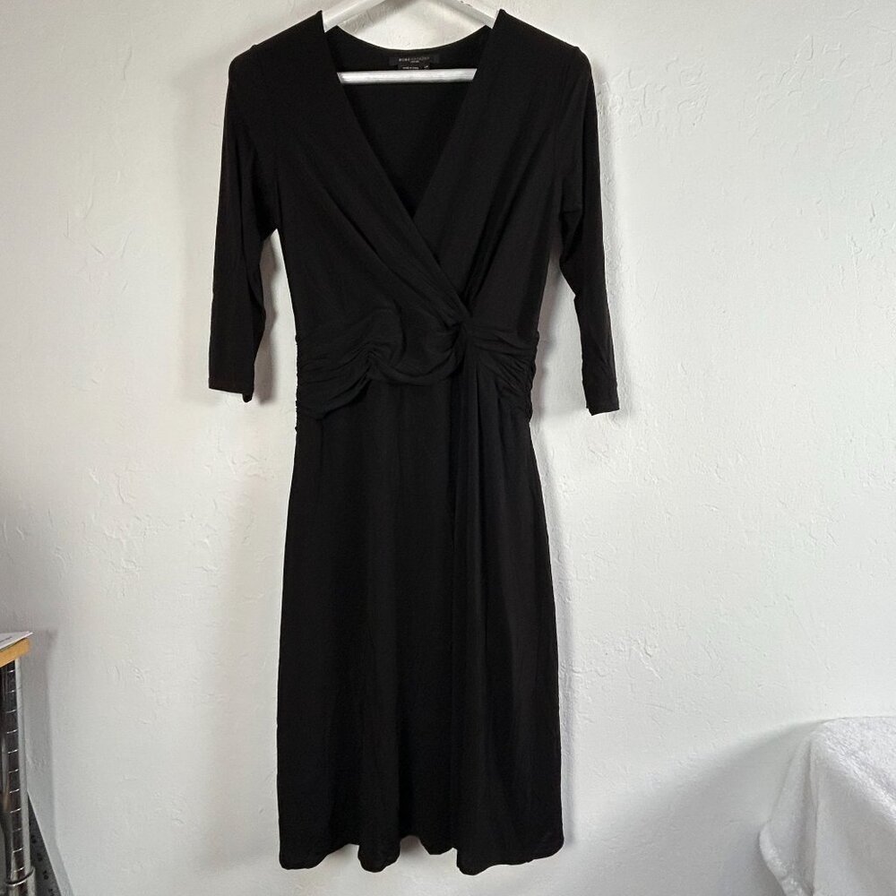 BCBG Max Azria Womens Black Faux Wrap Dress Large Petite Stretch Midi 3/4 Sleeve